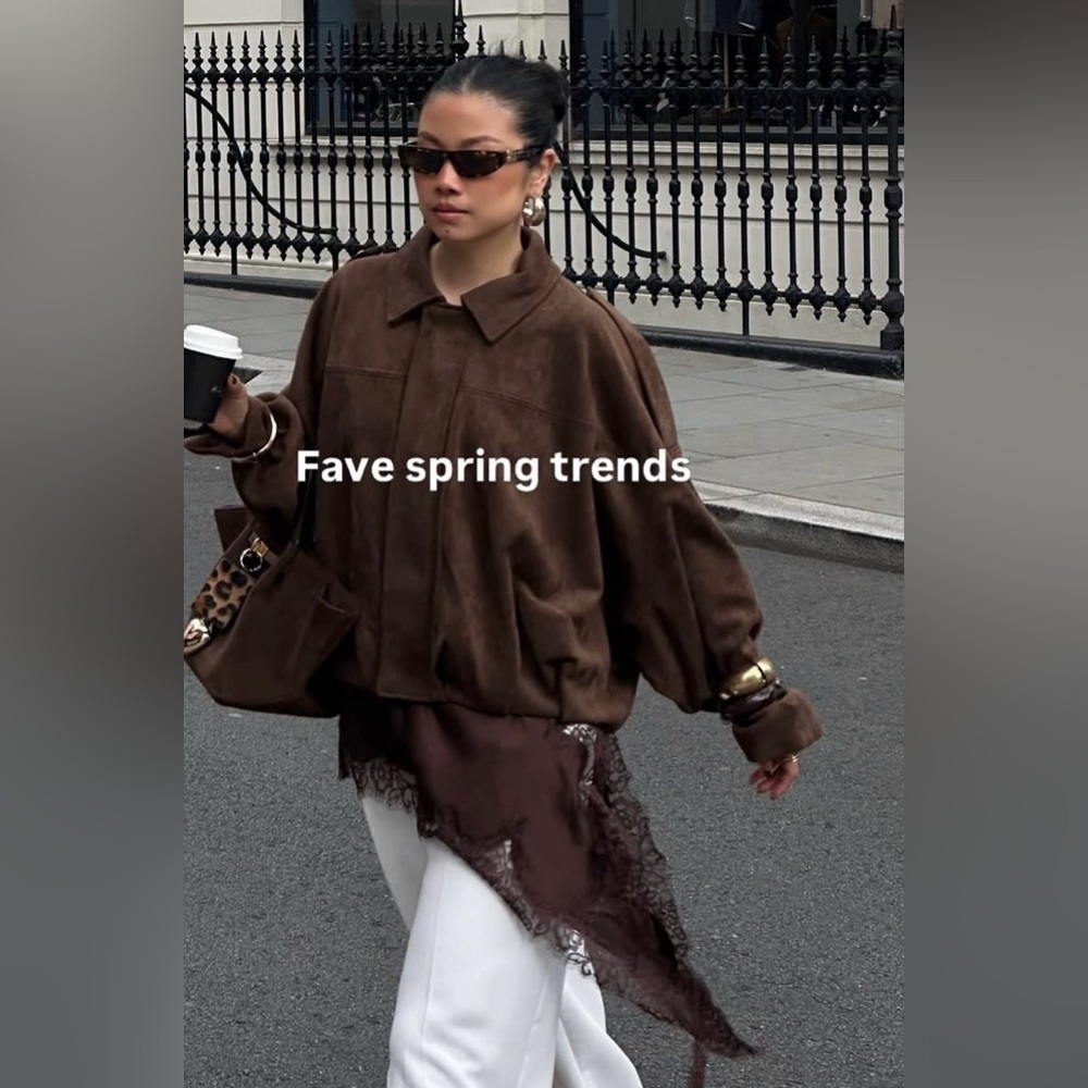 Zara Brown Oversized Suede Jacket with Sheer Lace Layering